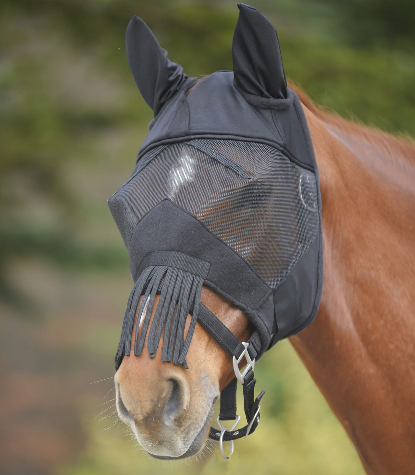 WALDHAUSEN PREMIUM Fliegenmaske mit Ohrenschutz und Nasenfransen, schwarz