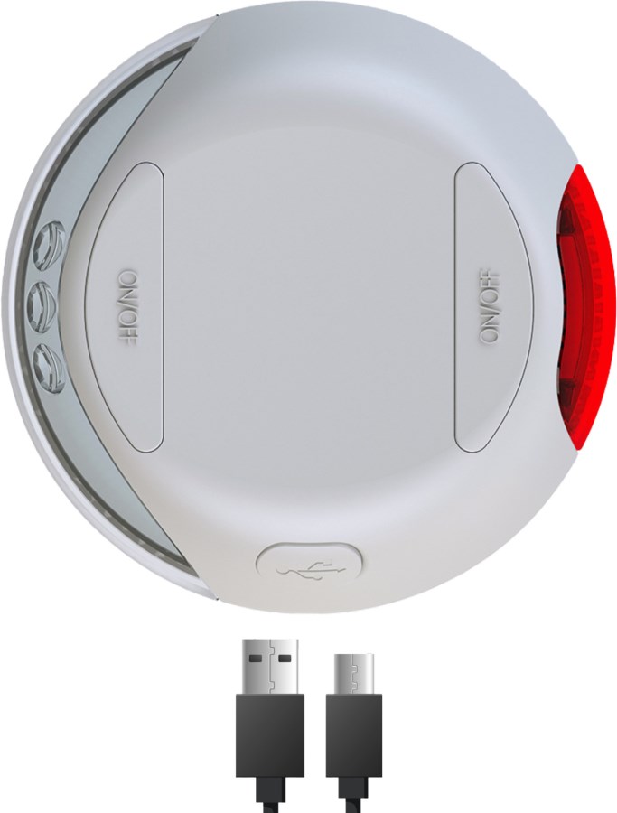 Rundes, graues KERBL flexi LED Lighting System für Hunde mit weißem Frontlicht, rotem Rücklicht und USB-Ladekabel.