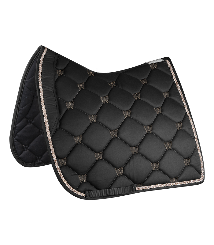 WALDHAUSEN Schabracke Valencia Dressur, schwarz/roségold Schwarze Dressur-Schabracke Valencia von Waldhausen mit Rautensteppung, roségoldener Zierkordel und W-Logos
