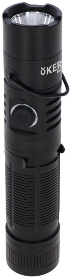 KERBL LED-Taschenlampe FlexFire 1000 in mattem Schwarz mit strukturiertem Griff, seitlichem Schalter und Clip.