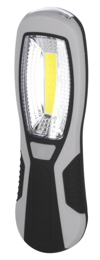 LED Arbeitsleuchte WorkFire in Frontansicht mit grau-schwarzem Gehäuse und gummiertem Griff für sicheren Halt.