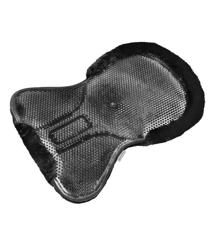 Waldhausen Gelpad mit schwarzem Synthetik-Fell. Rutschfeste, perforierte Sattelunterlage in der Draufsicht.