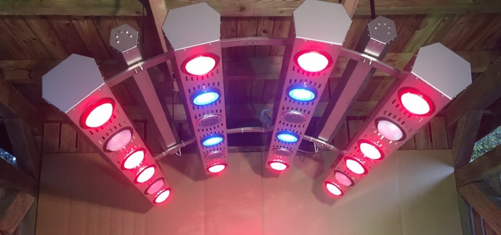 Summerwind Therapie Pferdesolarium in Bogenform mit roten Infrarot- und blauen UV-Lampen an einer Holzdecke