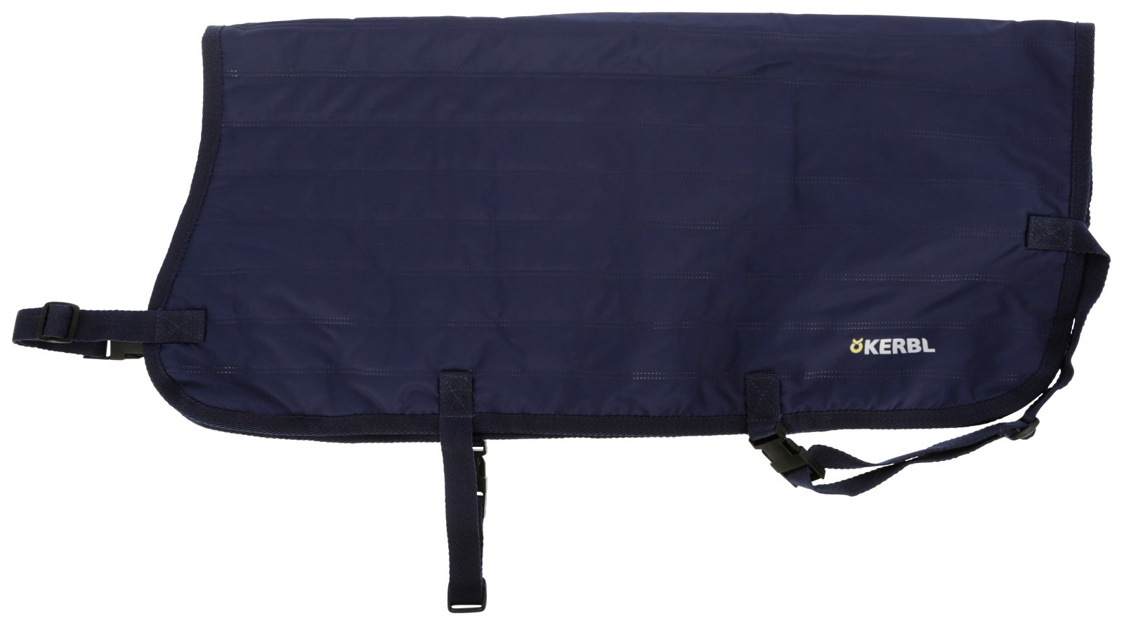 Dunkelblaue Kerbl Kälberdecke EasyWear, gesteppt und wattiert, mit verstellbaren Gurten und Klickverschlüssen.