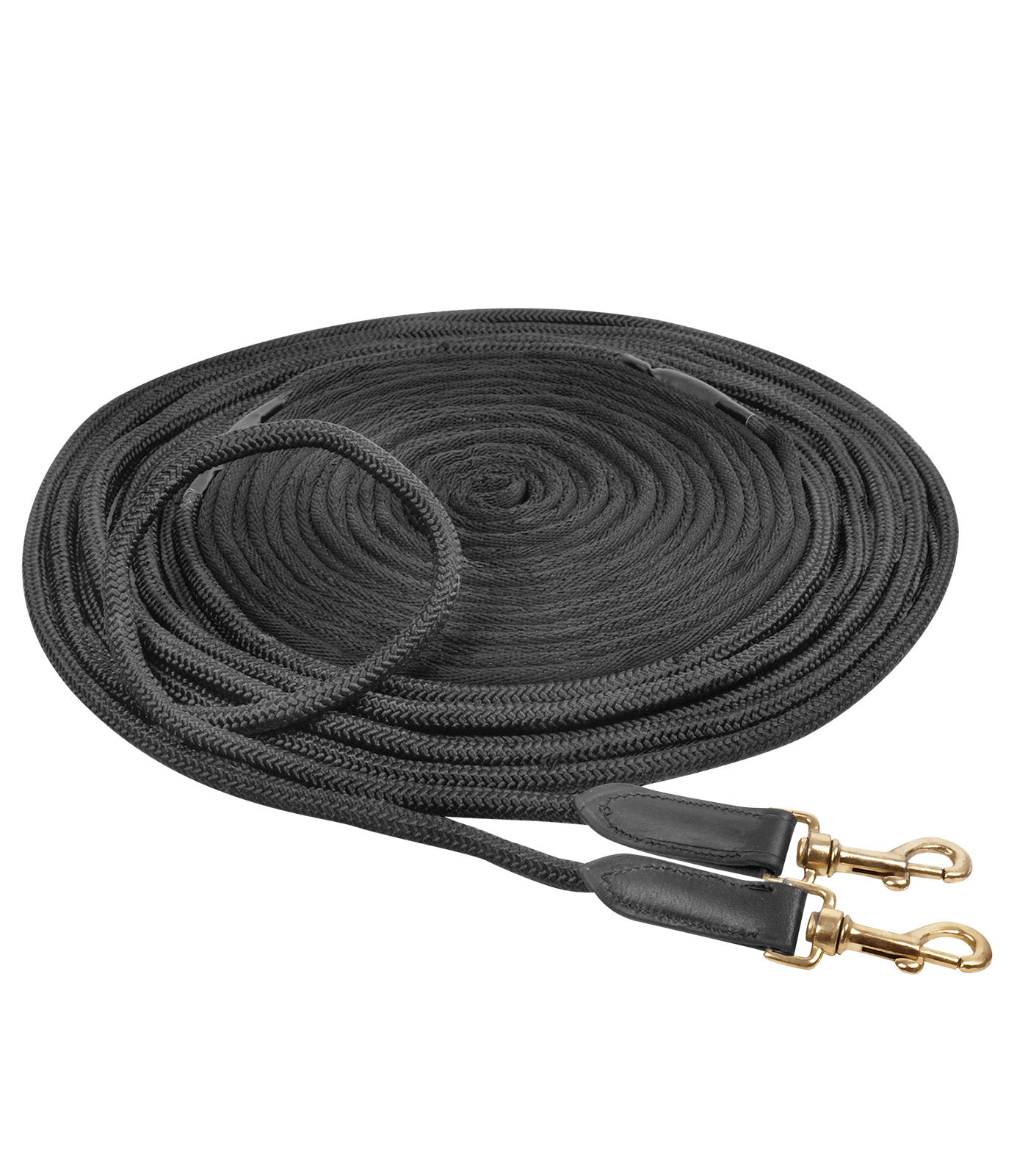 WALDHAUSEN Doppellonge in schwarz aus geflochtenem Seil, aufgerollt mit Lederdetails und goldfarbenen Karabinern.