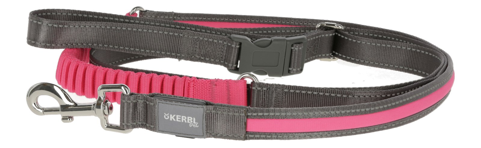 Joggingleine für Hunde in Grau und Pink mit elastischem Ruckdämpfer, reflektierenden Streifen und Karabiner.
