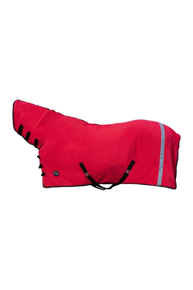 Rote HKM Abschwitzdecke Reflective mit Halsteil aus Fleece, mit schwarzer Kreuzbegurtung und reflektierendem Streifen