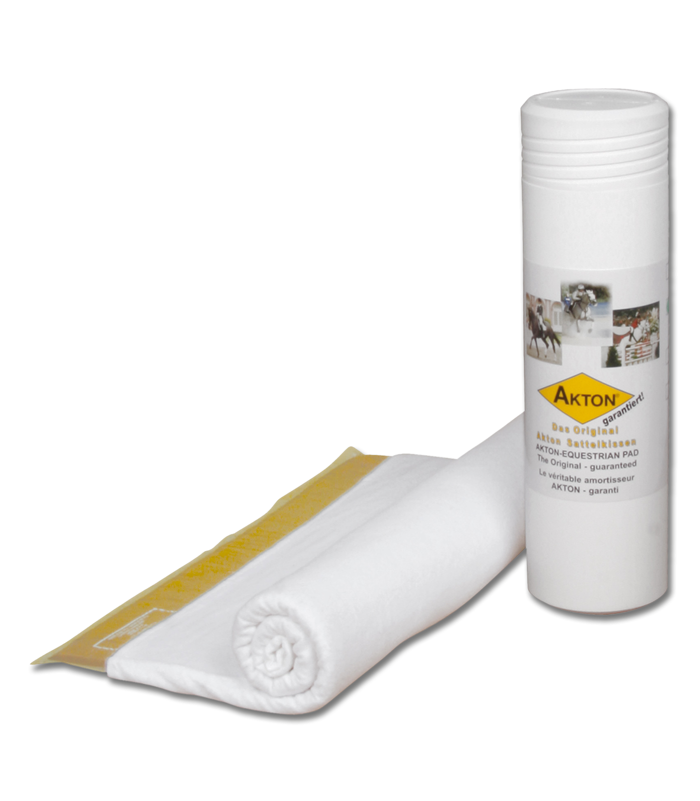 Weißer AKTON Bezug für Standard Pad, aufgerollt neben der zylindrischen Produktverpackung vor schwarzem Hintergrund.