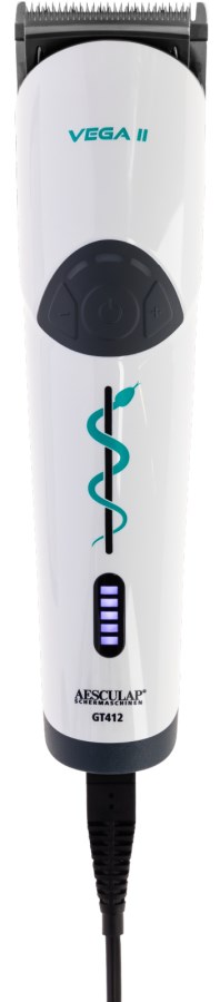 AESCULAP Akkuschermaschine Vega II in Weiß mit grauem Bedienfeld und leuchtender LED-Akkustandsanzeige.