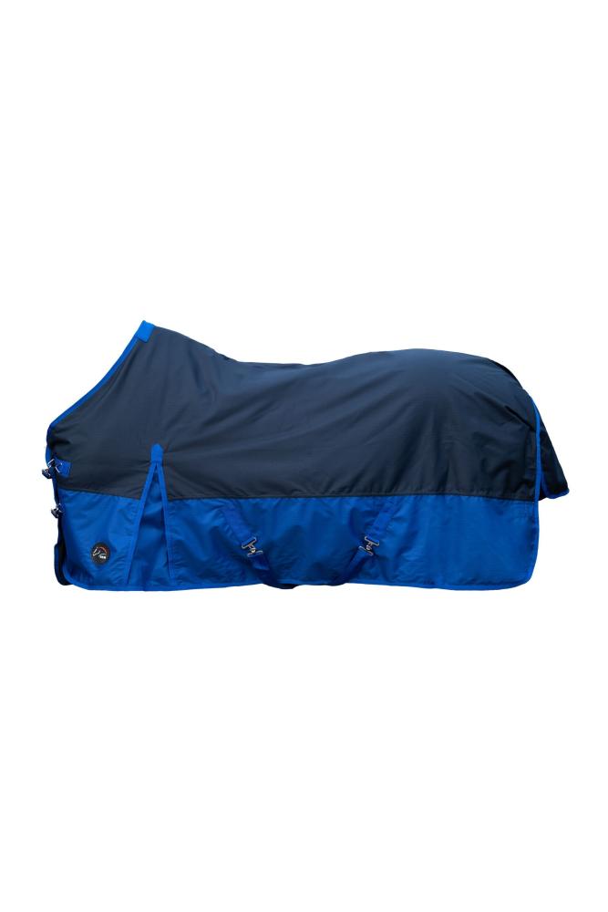 HKM Weidedecke Chester - 600D mit glattem Futter, dunkelblau/blau HKM Weidedecke Chester 0g in dunkelblau und blau mit glattem Futter und Kreuzbegurtung in der Seitenansicht.