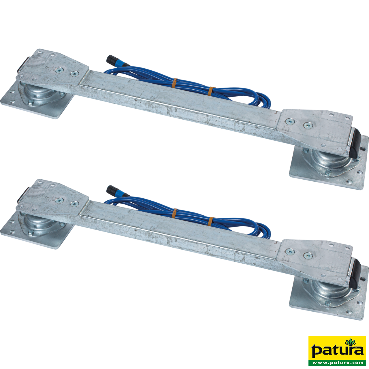 Zwei Wiegestäbe HD5T aus verzinktem Stahl mit Gelenkfüßen und blauen Anschlusskabeln für Tierwaagen.