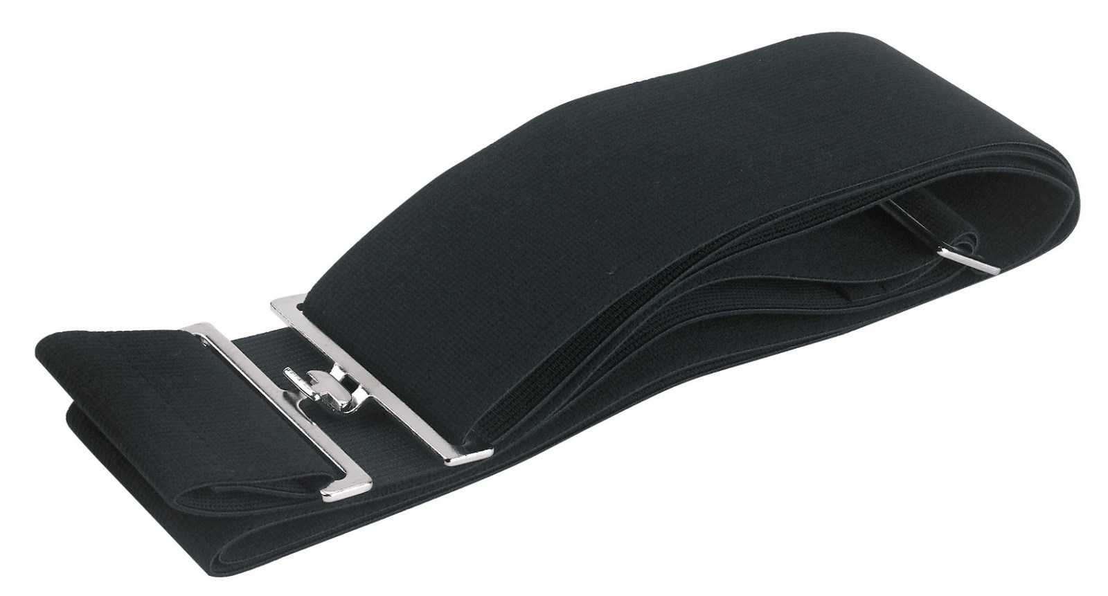 Kerbl Deckengurt elastisch in Schwarz mit einer silbernen Metallschnalle zum Verstellen, gefaltet auf weißem Grund.