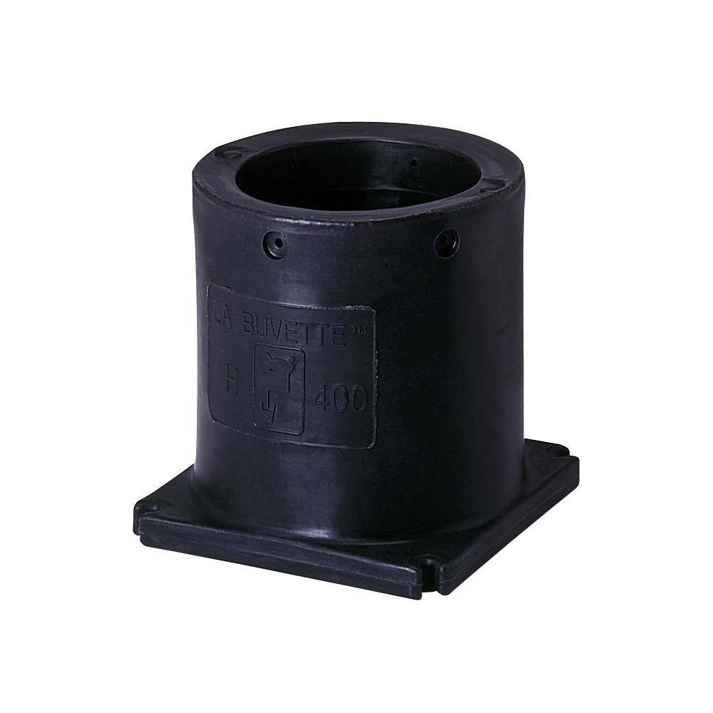 Sockel für Tränkebecken Schwarzer Sockel aus Kunststoff für Tränkebecken mit zylindrischer Form und quadratischer Montageplatte.