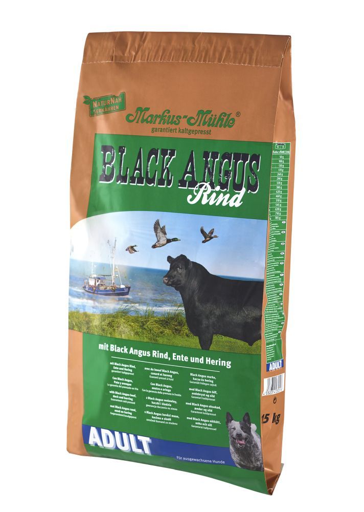 MARKUS-MÜHLE® BLACK ANGUS Rind Adult Markus Mühle Black Angus Adult Trockenfutter mit Rind, Ente und Hering im braunen 15 kg Papiersack, Frontansicht.