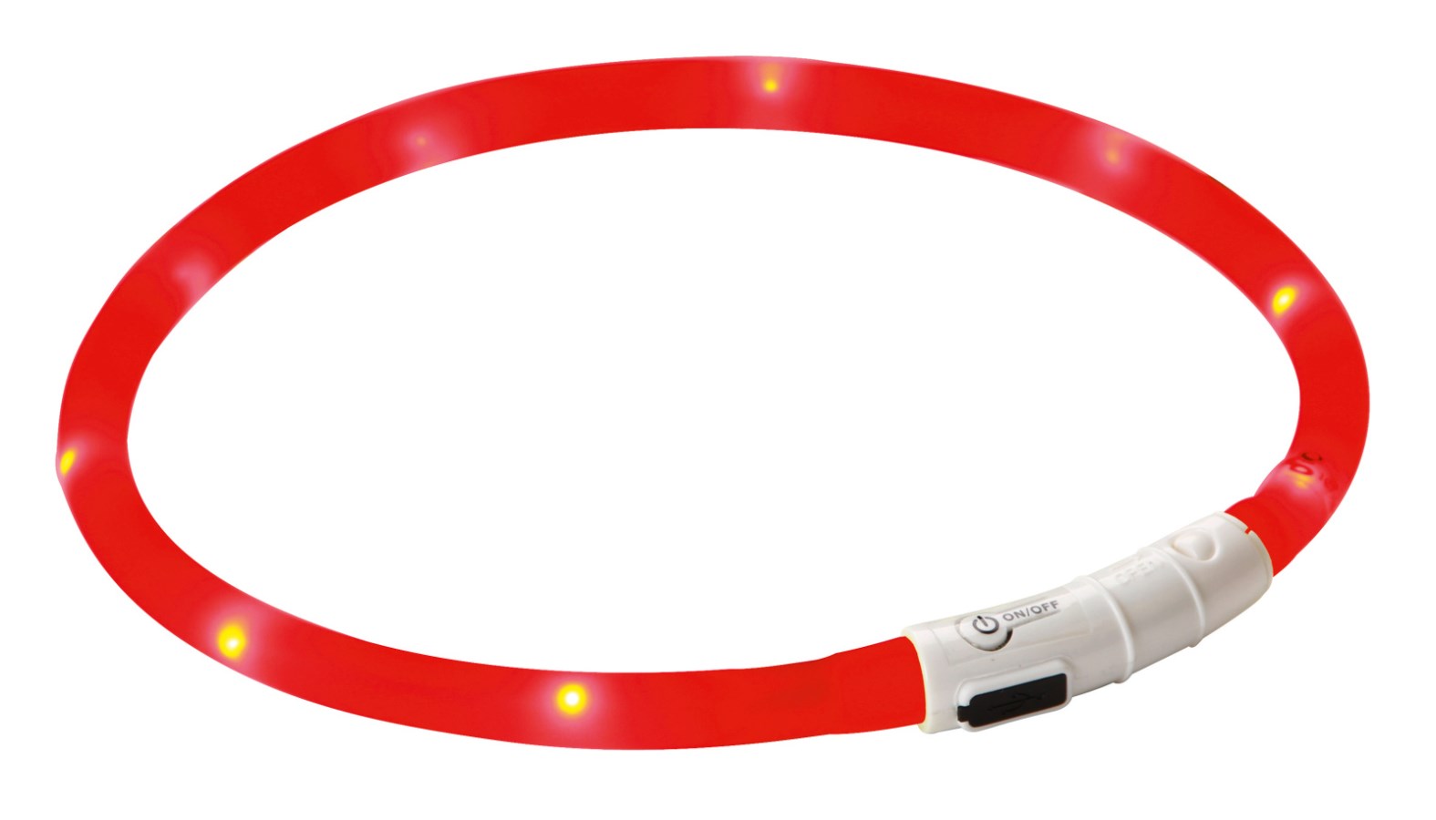 Rotes LED-Halsband Maxi Safe aus flexiblem Kunststoff mit gelben Leuchtdioden und weißem Verschluss mit Schalter.