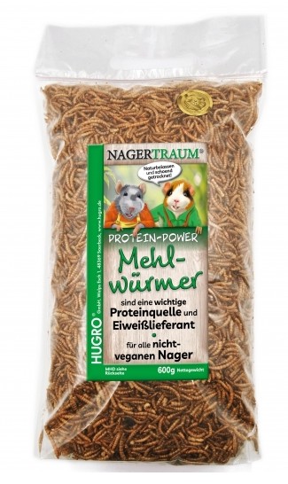 Getrocknete HUGRO Nagertraum Mehlwürmer im 600g Beutel als proteinreicher Eiweißlieferant für Nager.