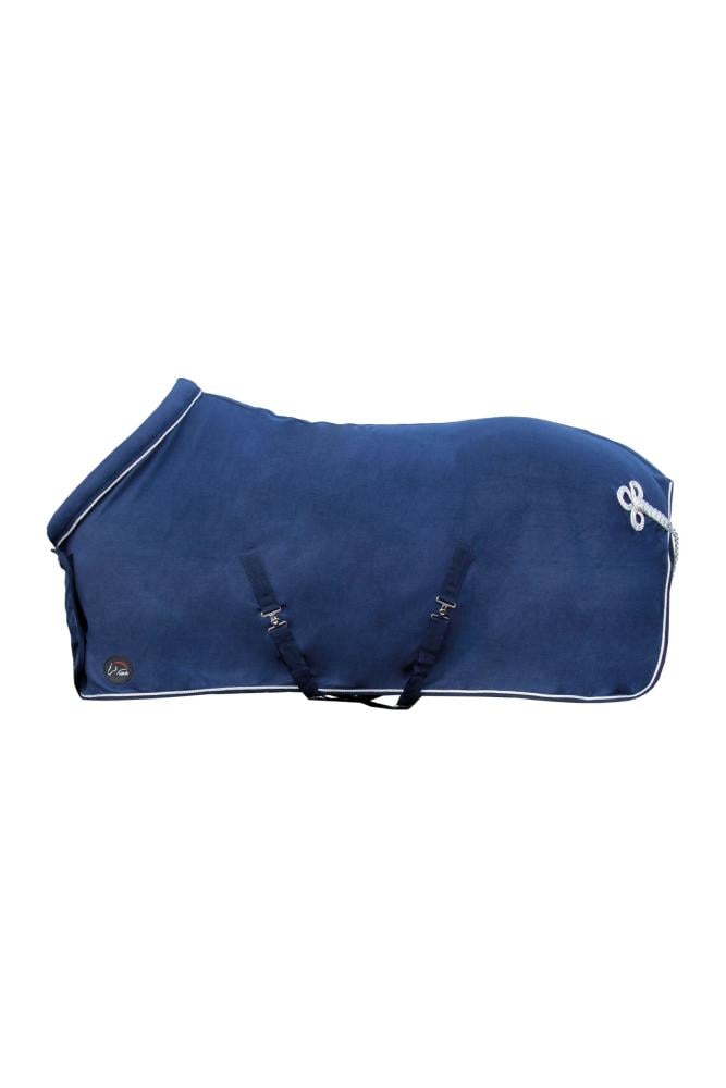 Dunkelblaue HKM Abschwitzdecke mit Kragen, Kreuzbegurtung und silberner Schweifkordel in der Seitenansicht.