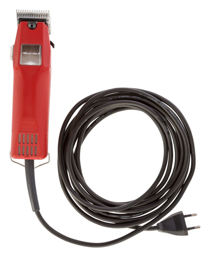 Rote AESCULAP Schermaschine Favorita II ohne Scherkopf mit langem schwarzen Kabel in der Draufsicht.