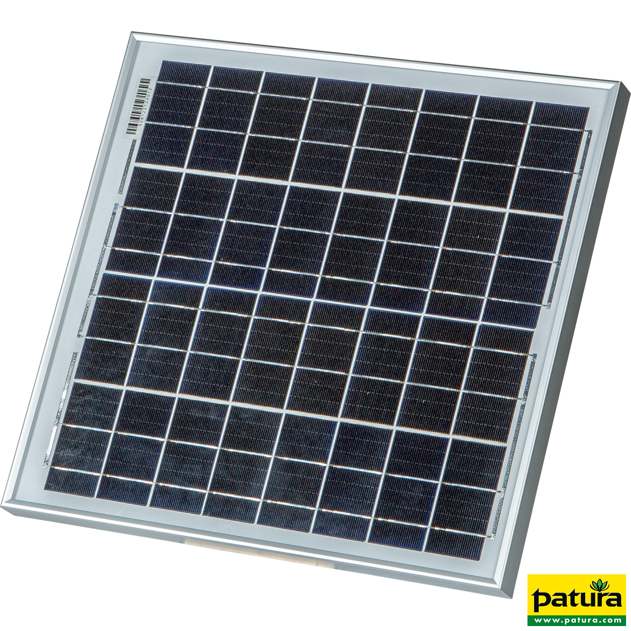 PATURA Solarmodul 20 W für MaxiBox, mit Halter für P 250 Das 20W Solarmodul MaxiBox in rechteckiger Form mit Aluminiumrahmen und blauen Solarzellen in einer leichten Draufsicht.