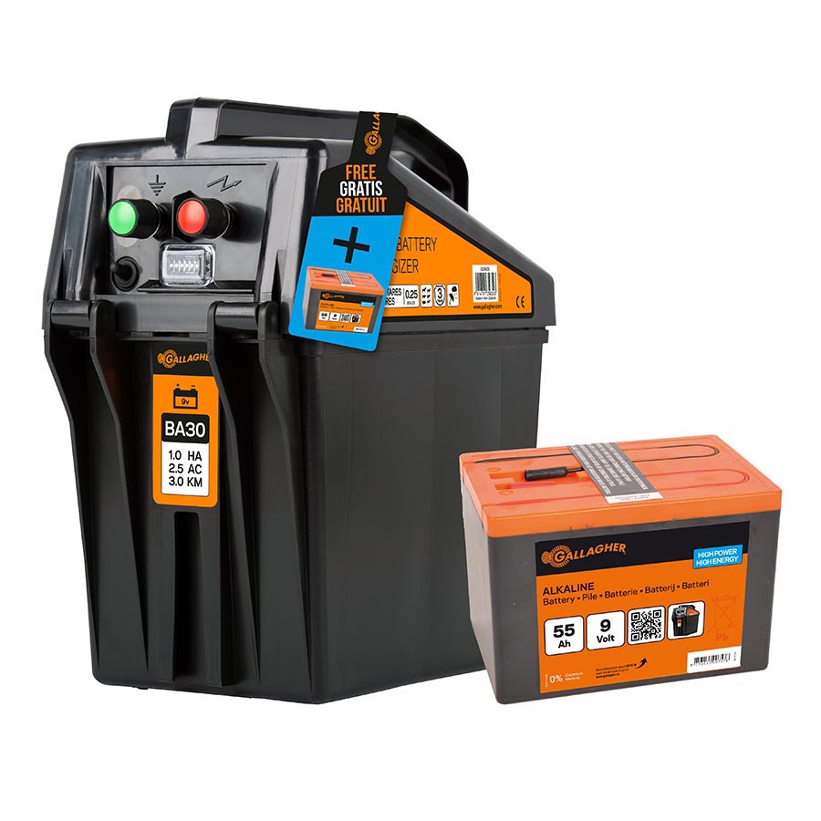GALLAGHER BA30 9 V Batterie-Weidezaungerät (9 V/12 V) mit gratis 55 Ah Batterie