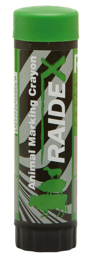 Grüner Viehzeichenstift RAIDEX von Kerbl in einer schwarzen Drehhülse mit grüner Kappe zur Tierkennzeichnung.