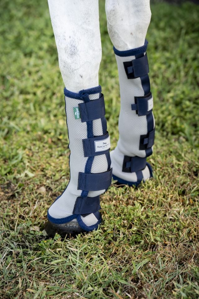 Horseware Fliegengamaschen in Silber und Navy aus atmungsaktivem Netzstoff an den Beinen eines Pferdes.