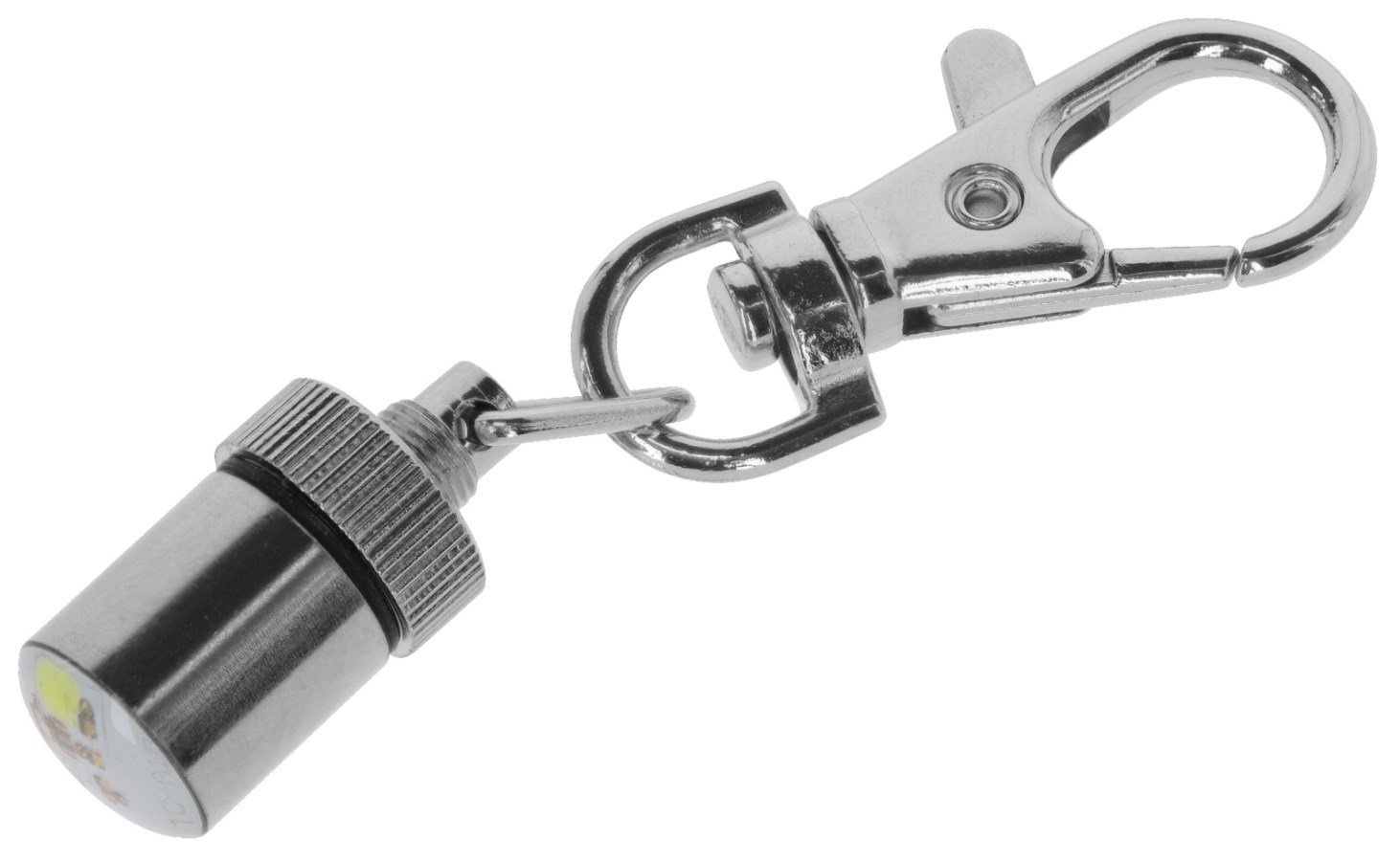 Mehrfarbig leuchtender LED-Anhänger aus Metall mit Karabinerhaken, Sicherheitslicht in Rot, Blau und Weiß.