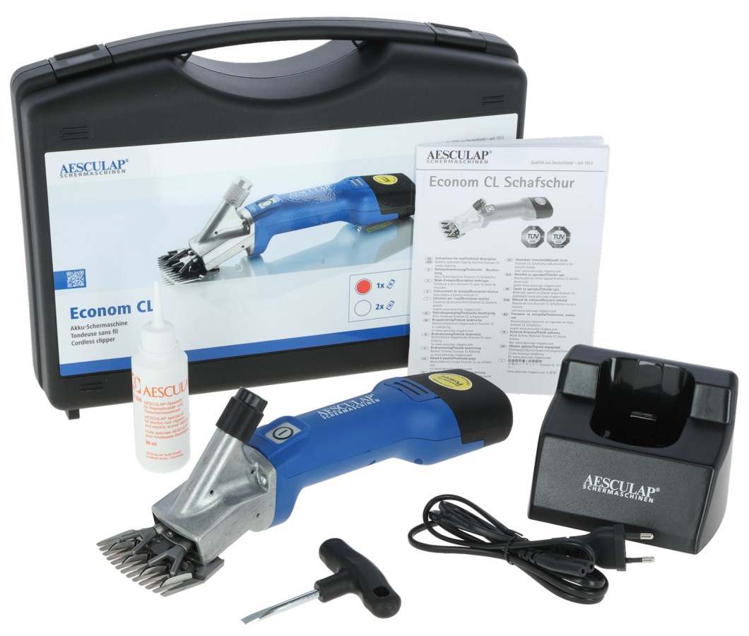 Aesculap Econom NOVA CL Akkuschermaschine für Schafe im Set mit Koffer, Ladestation, Öl und Schermesser.