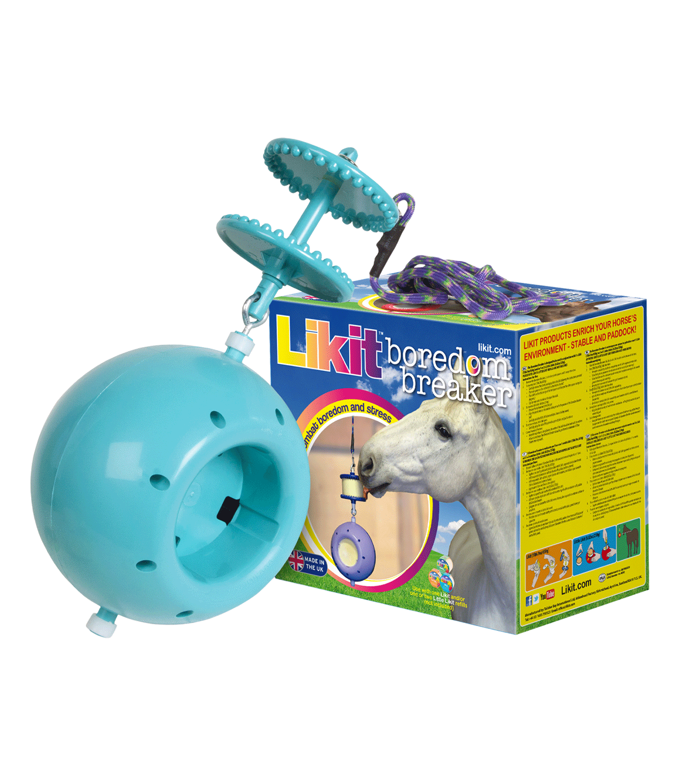 Likit Boredom Breaker Pferdespielzeug aus türkisfarbenem Kunststoff mit Halterung und Seil neben der Verpackung.