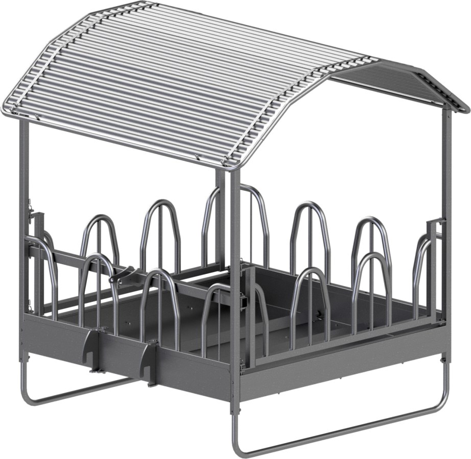 Kerbl Viereckraufe Standard aus Metall mit Dach und Palisadenfressgitter für 12 Fressplätze, Seitenansicht
