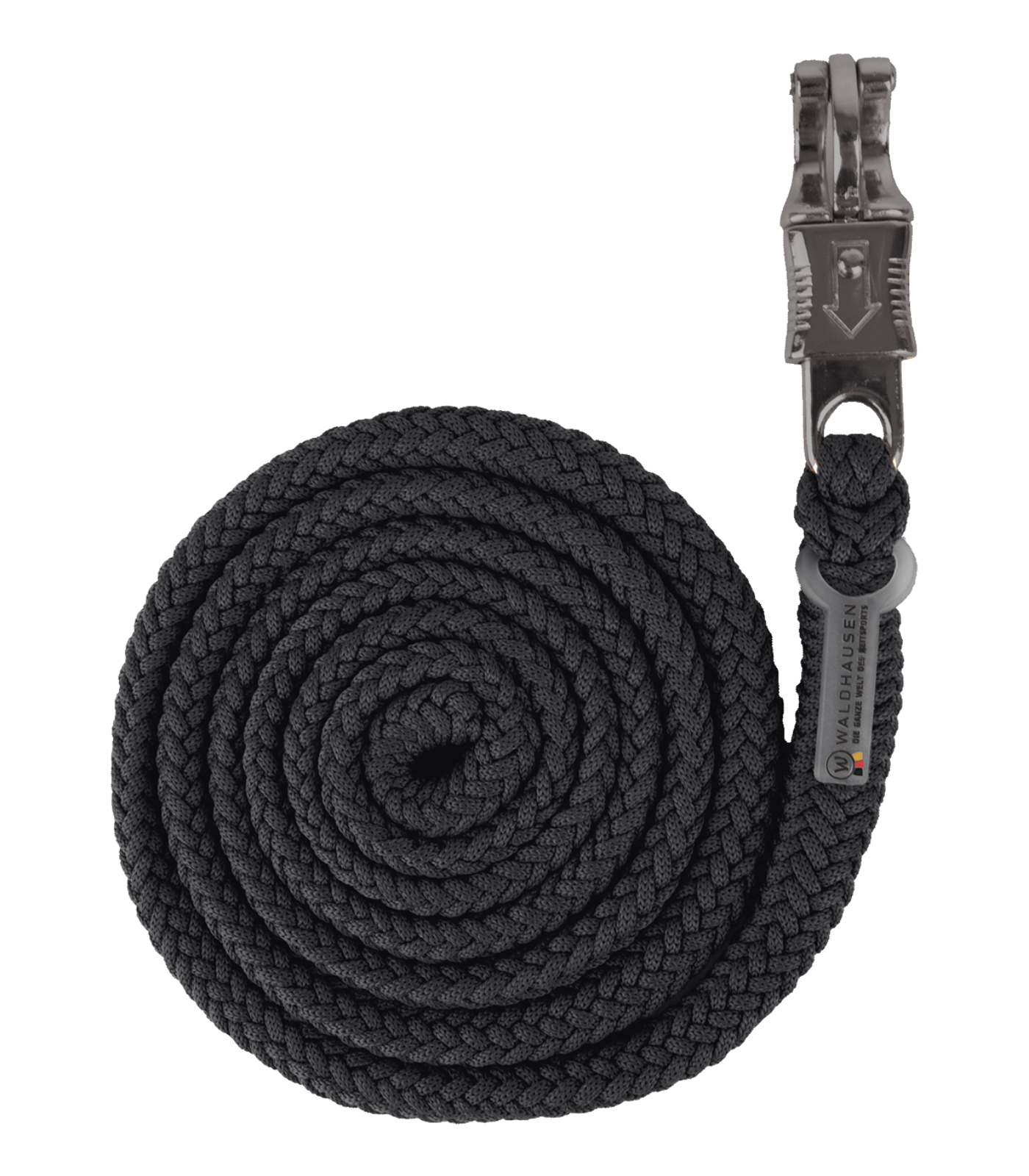 Geflochtener WALDHAUSEN Anbindestrick Modern Ros in Anthrazit, zu einer Spirale aufgerollt mit Panikhaken.