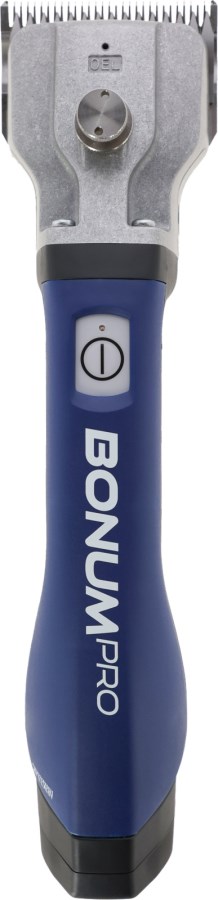 Aesculap Akkuschermaschine Bonum Pro für Rinder- und Pferdeschur in Blau mit silbernem Scherkopf in Frontalansicht.