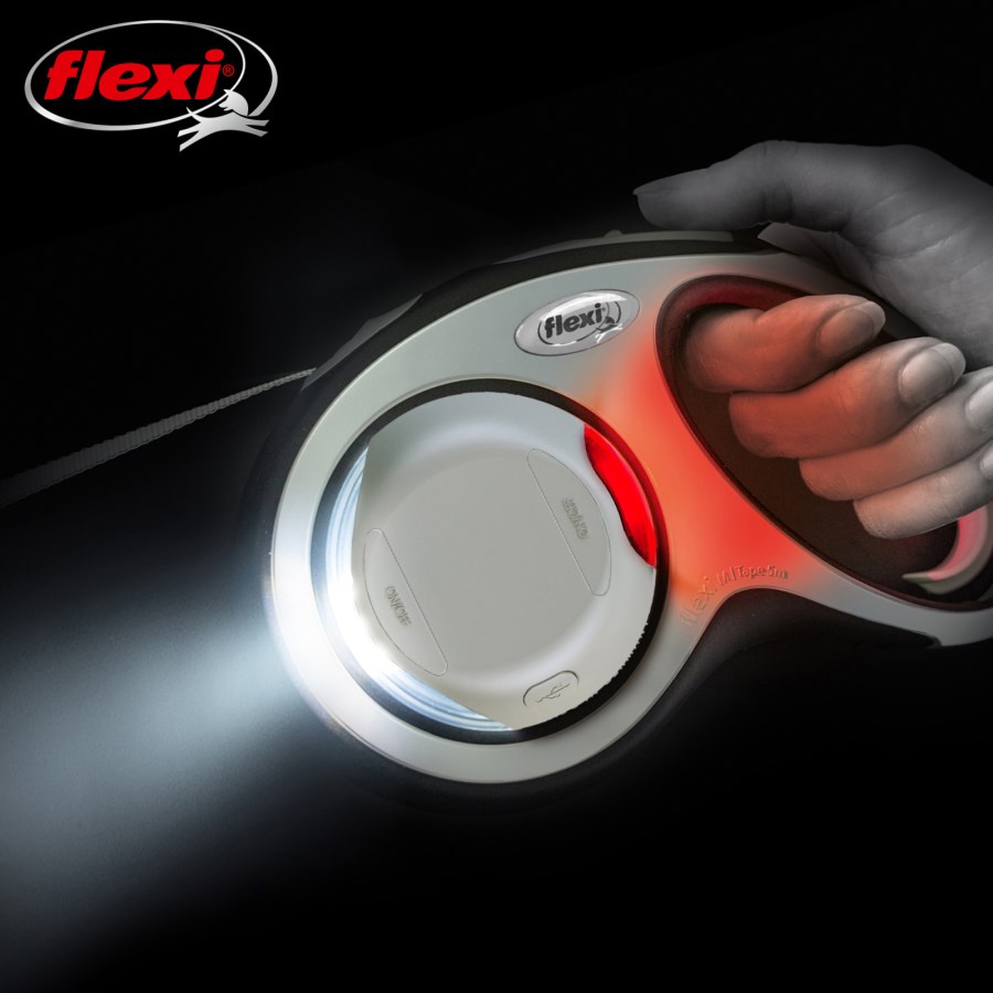 Graues Flexi LED Lighting System für Hunde mit eingeschaltetem Front- und rotem Rücklicht in der Hand gehalten