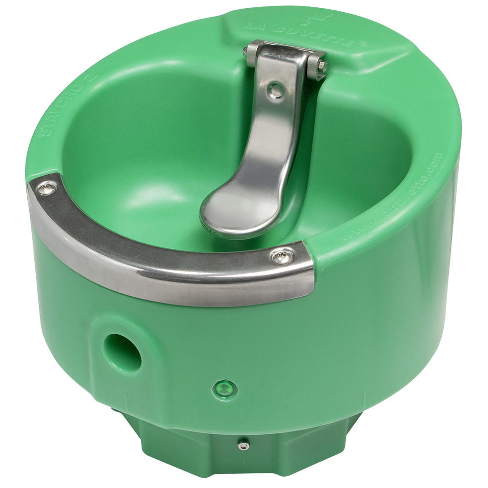 Tränkebecken heizbar STALCHO Heizbares Tränkebecken STALCHO aus grünem Kunststoff mit Edelstahl-Druckzunge und Verbiss-Schutz in der Draufsicht