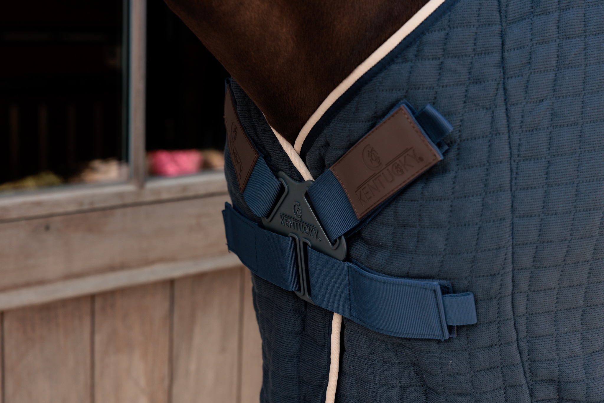 KENTUCKY® HORSEWEAR Abschwitzdecke PROTherm, navy Detailansicht des Brustverschlusses der navyblauen Abschwitzdecke PROTherm mit Kentucky Logo am Pferd.