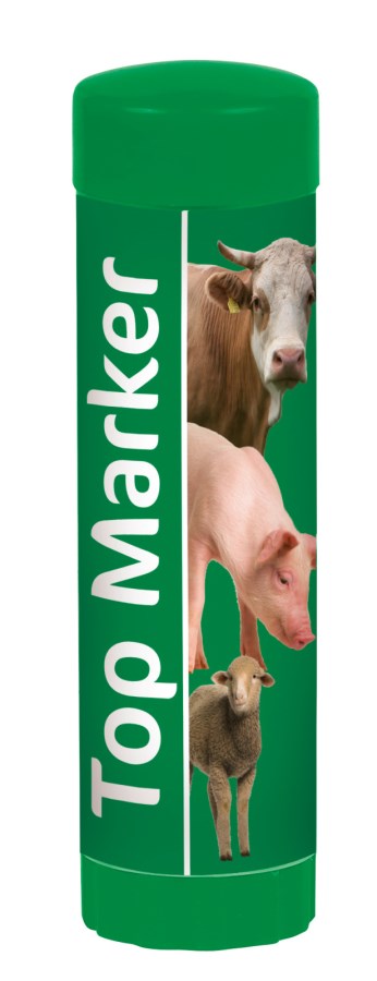 Der grüne Viehzeichenstift TopMarker von Kerbl in einer Kunststoffhülse mit Abbildungen von Rind, Schwein und Lamm.
