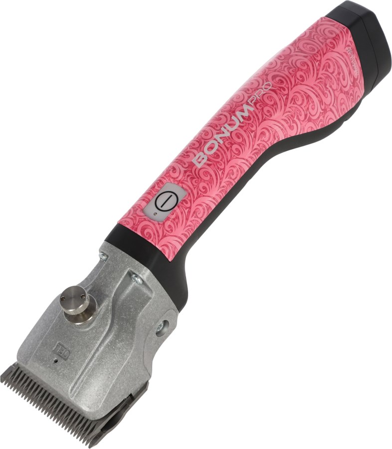Aesculap Akkuschermaschine Bonum Pro für die Pferde-Feinschur in der Designedition mit rosa gemustertem Griff.
