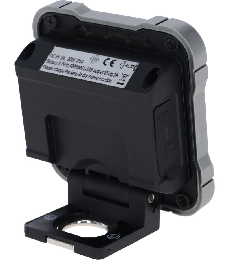 Rückansicht des mobilen KERBL LED-Strahlers WorkFire 2200 mit schwarz-grauem Gehäuse und verstellbarem Standfuß