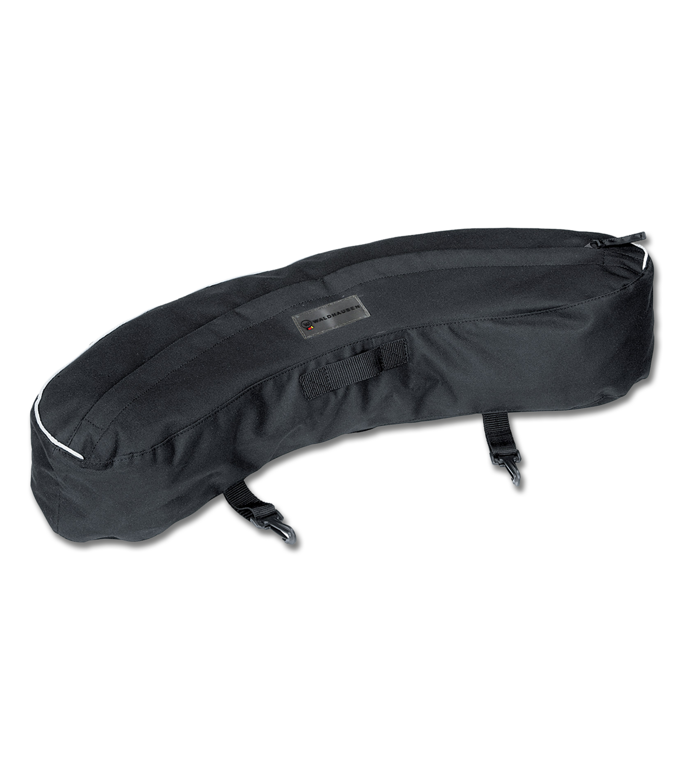 Schwarze, längliche Packtasche für Jacken von WALDHAUSEN aus robustem Stoff mit Reißverschluss und Clips.