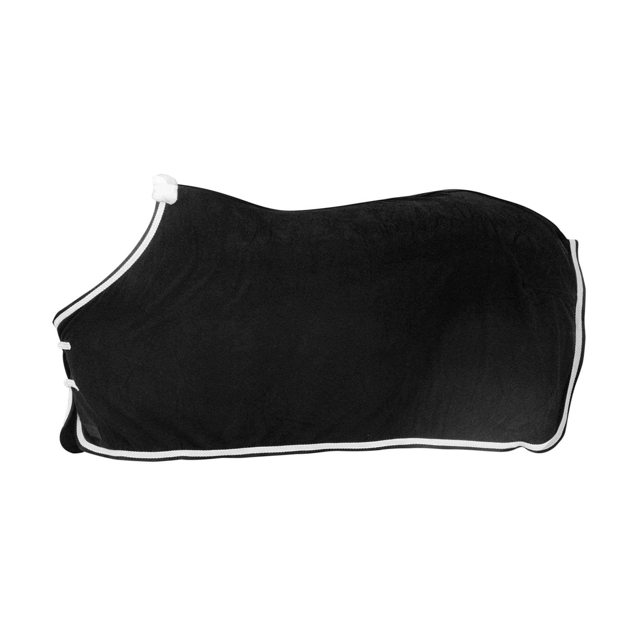 Schwarze Abschwitzdecke aus Fleece mit einer umlaufenden weißen geflochtenen Kordel und Widerristpolster.