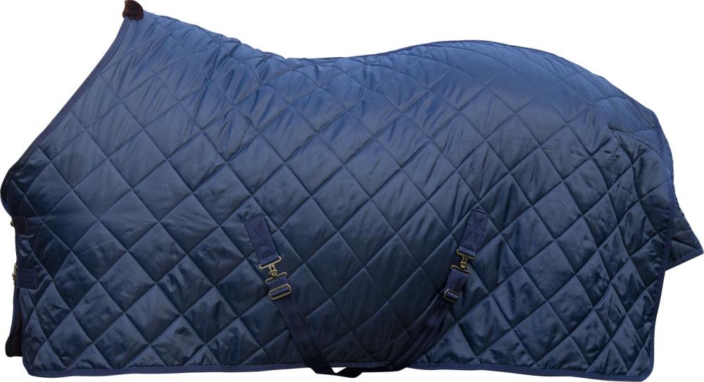 HKM Stalldecke mit 150 g Wattefüllung und Teddyfellinnenfutter, dunkelblau Gesteppte HKM Stalldecke in Dunkelblau mit 150g Füllung und Kreuzbegurtung in der seitlichen Produktansicht.