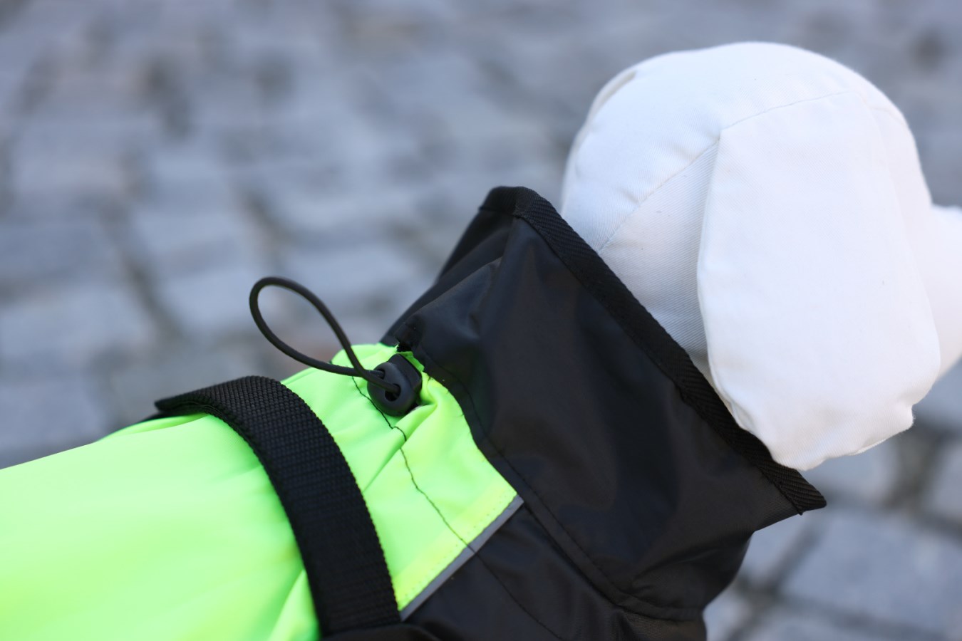 Kerbl Hundemantel Malm in Neongrün. Detailansicht des schwarzen Kragens mit verstellbarem Kordelzug.
