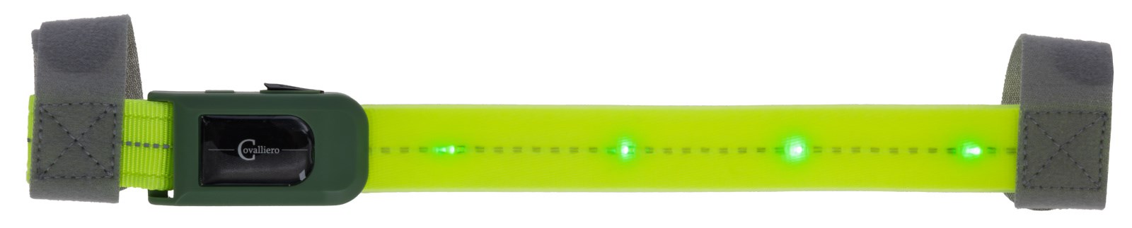 Kerbl LED Stirnriemen in Neongelb mit leuchtenden grünen LEDs und grauem Klettverschluss zur Befestigung.