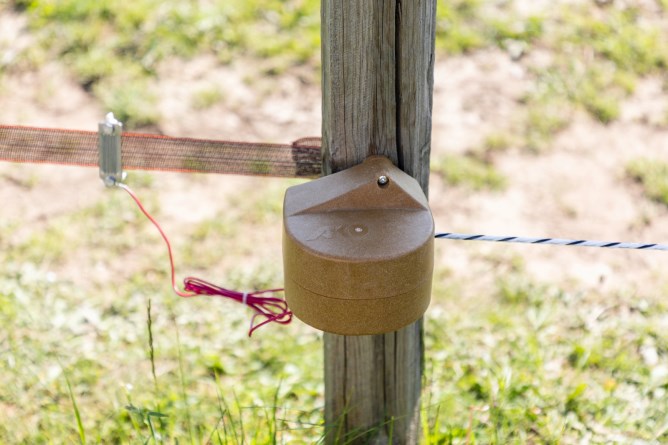 Braunes AKO Tor-Set Premium FLEXIGATE aus Kunststoff, montiert an einem Holzpfosten für einen Weidezaun.