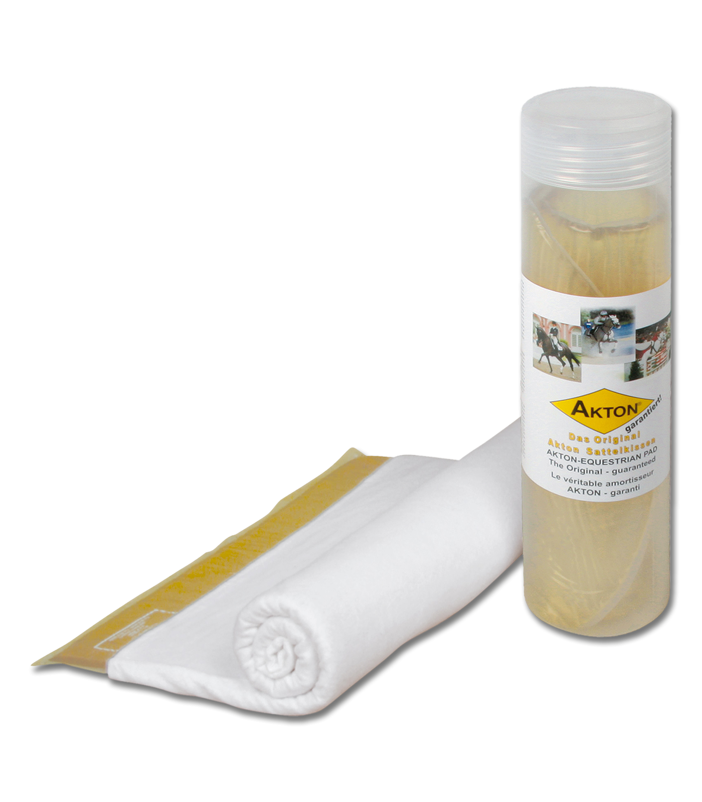 Weißer AKTON Bezug für ein Allroundpad, aufgerollt und liegend neben der transparenten Originalverpackung.