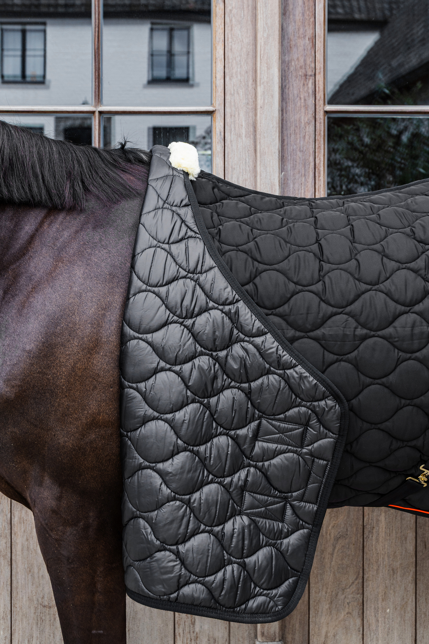 KENTUCKY® HORSEWEAR Stalldecke Wave 160g, schwarz Schwarze Stalldecke Wave mit wellenförmiger Steppung und weißem Widerristpolster auf dem Rücken eines Pferdes.