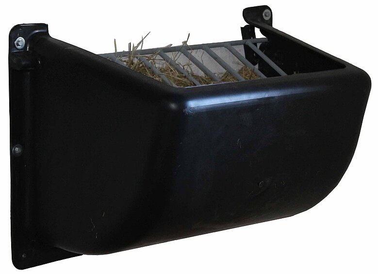 Schwarzer Heu Spender aus Kunststoff als Slow Feeder mit Fressgitter aus Metall zur Wandmontage im Stall