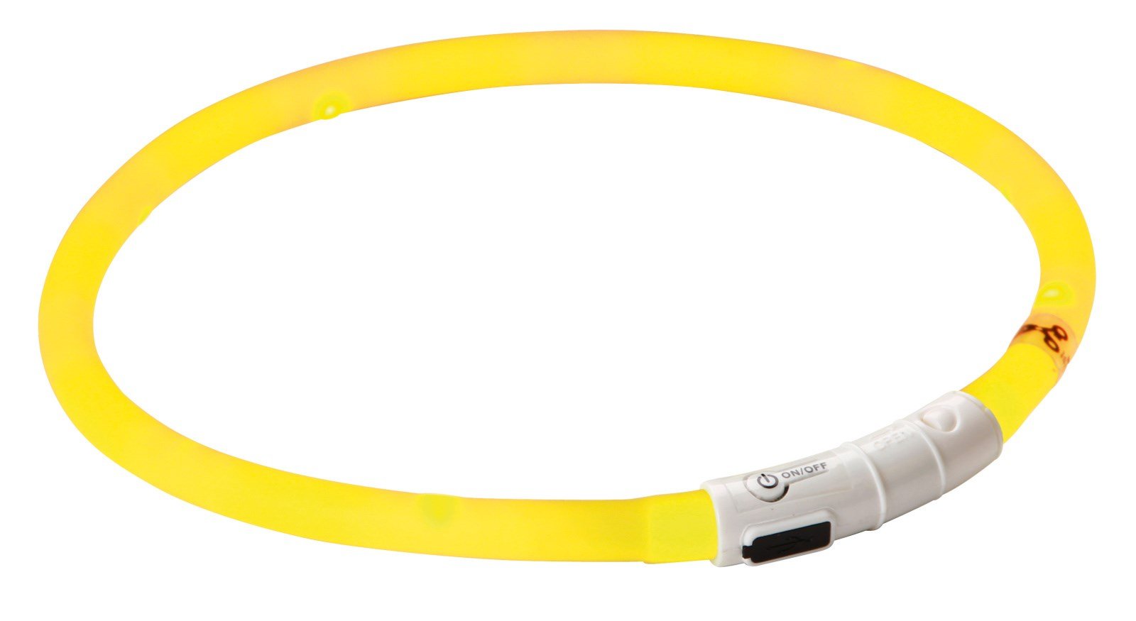 Gelbes LED-Halsband Maxi Safe aus flexiblem Silikon für Hunde. Rundes Leuchthalsband mit weißem Verschluss.