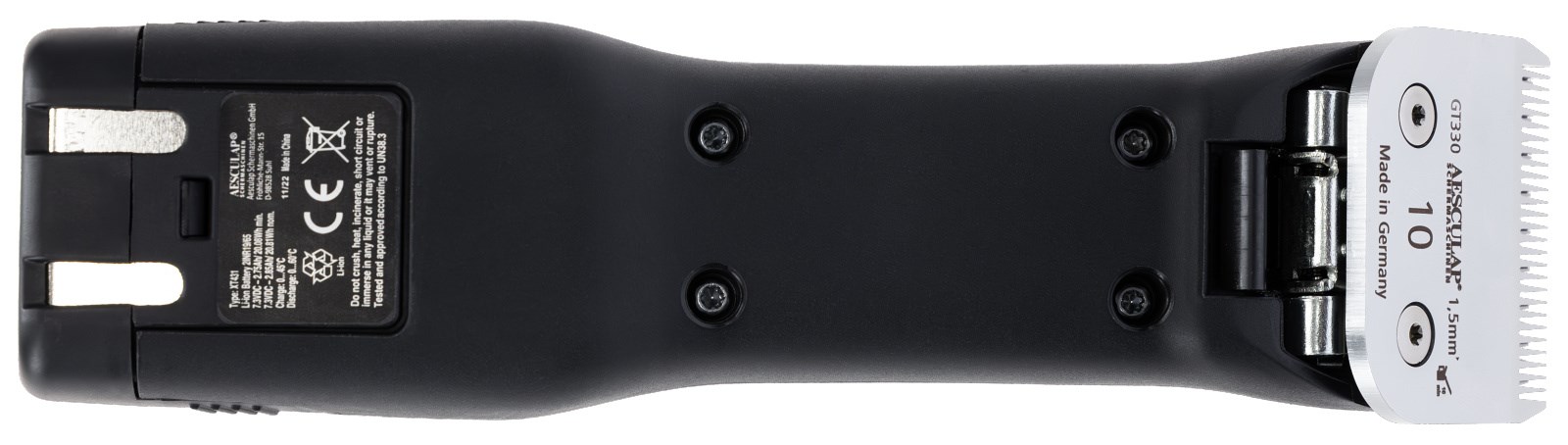 Unterseite der schwarzen Aesculap Akkuschermaschine Durati mit eingesetztem Akku und silbernem Scherkopf GT330