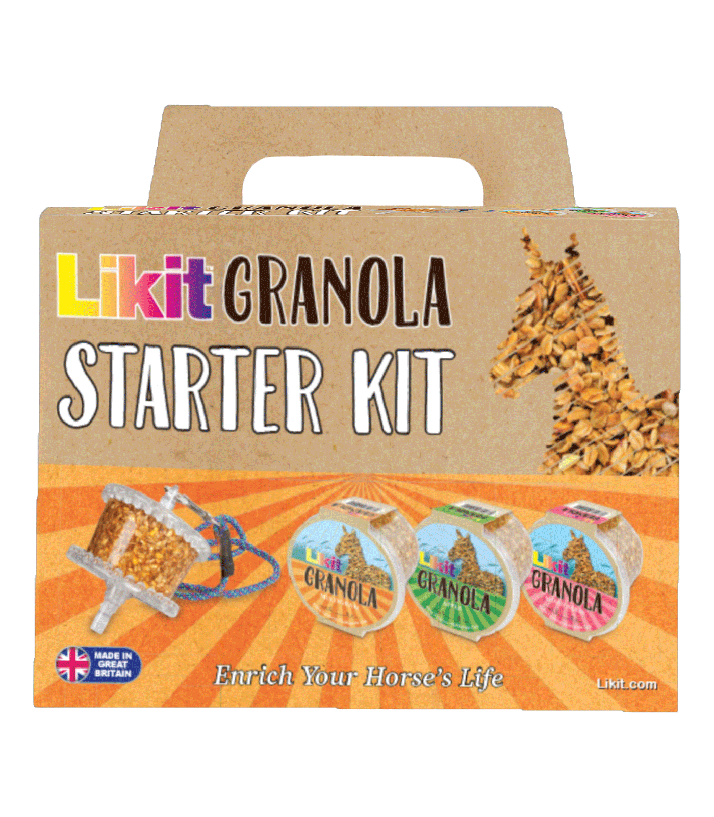 Likit Müsli Starterpackung in der Kartonverpackung mit Tragegriff. Das Set für Pferde enthält einen Halter und drei Lecksteine.